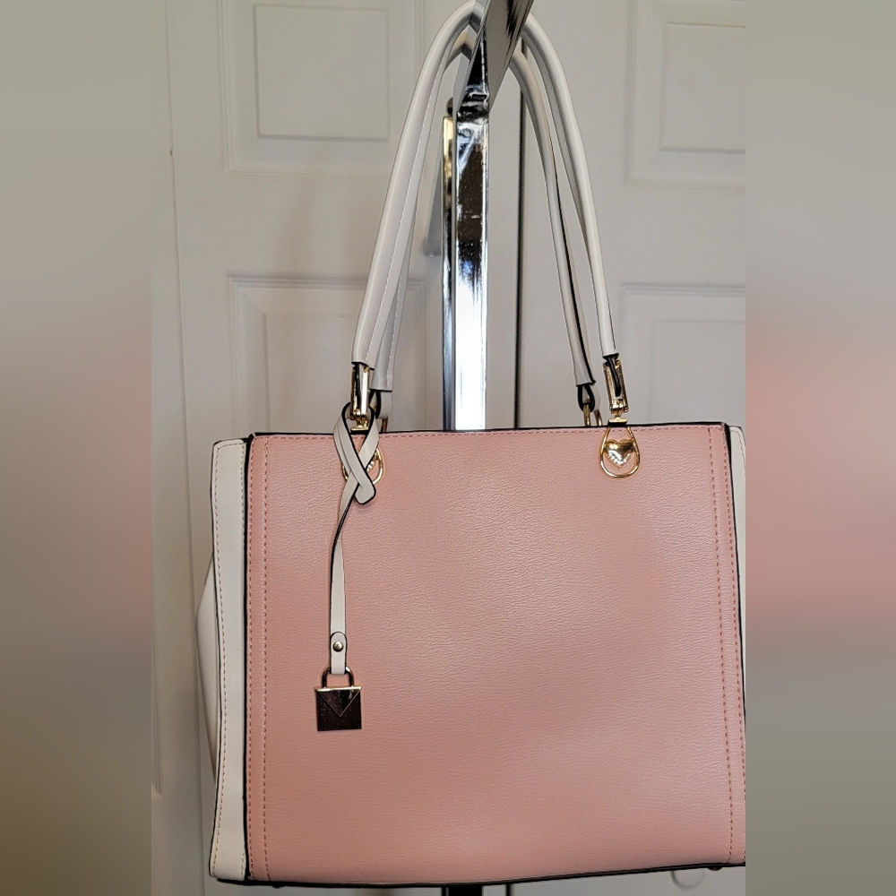 #580- Pink/White w/Rose Gold Hardware Leather Handbag